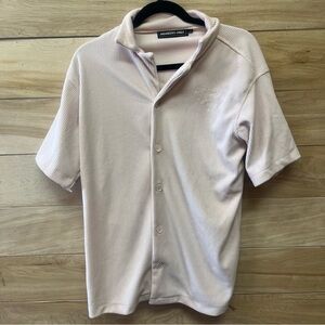 Members only ribbed baby pink button up collared bowling shirt
